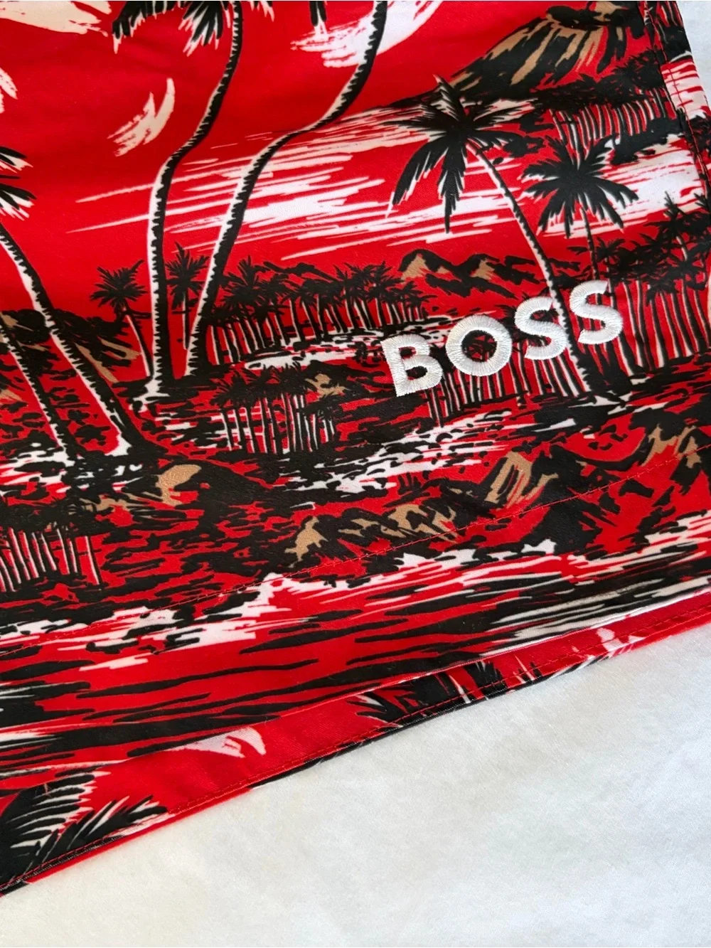 Boss Red Springfish Palm-Print Swim Trunks